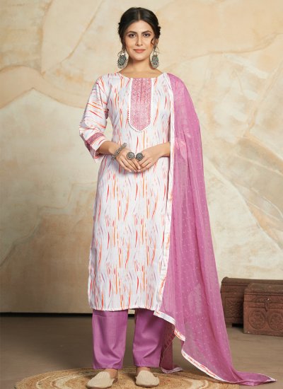 Blended Cotton Digital Print Readymade Salwar Suit in Purple
