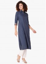 Blended Cotton Embroidered Navy Blue Party Wear Kurti