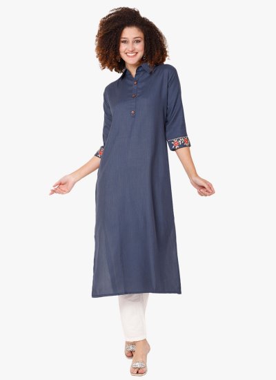 Blended Cotton Embroidered Navy Blue Party Wear Kurti