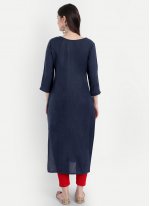 Blended Cotton Embroidered Party Wear Kurti in Navy Blue