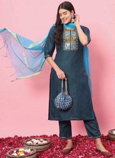 Blended Cotton Embroidered Trendy Salwar Kameez in Navy Blue