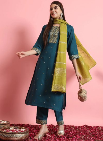 Blended Cotton Embroidered Trendy Salwar Kameez in Teal