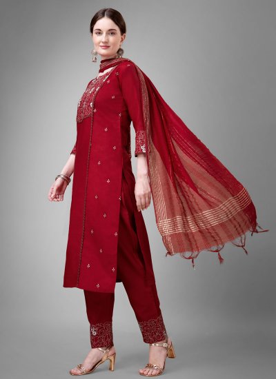 Blended Cotton Maroon Embroidered Pant Style Suit