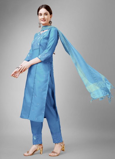 Blended Cotton Pant Style Suit in Aqua Blue