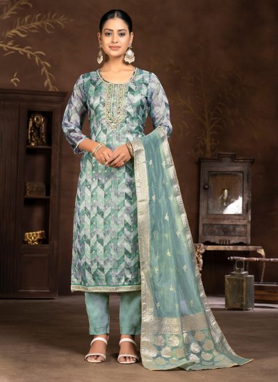 Blissful Aqua Blue Organza Trendy Salwar Suit