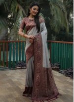 Blissful Brown and Grey Kanjivaram Silk Trendy Saree