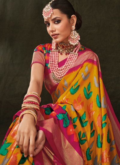 Blissful Silk Pink and Yellow Trendy Saree