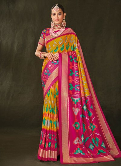 Blissful Silk Pink and Yellow Trendy Saree