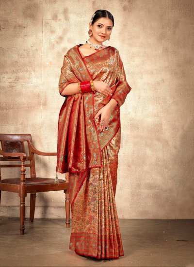 Blissful Weaving Red Banarasi Silk Designer Traditional Saree