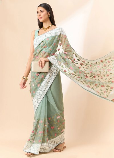 Blooming Organza Embroidered Contemporary Saree