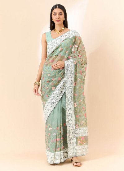 Blooming Organza Embroidered Contemporary Saree