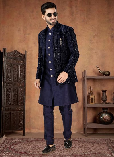 Blue and Navy Blue Party Velvet Indo Western