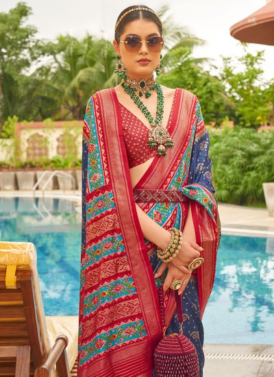 Blue and Red Ceremonial Patola Silk  Classic Saree