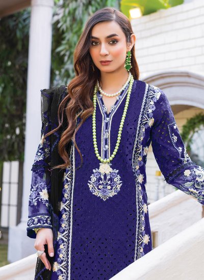 Blue Embroidered Georgette Designer Salwar Kameez