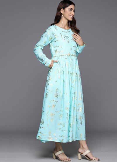 Blue Floral Print Ceremonial Trendy Gown