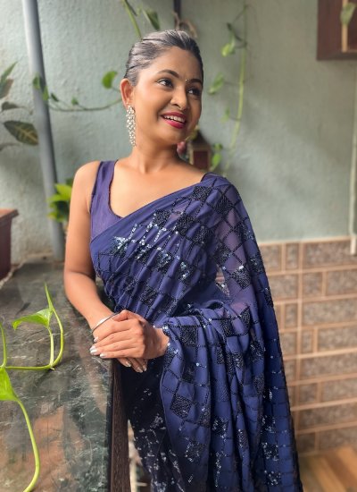 Blue Georgette Sequins Designer Traditional Saree
