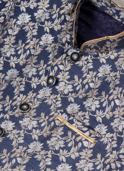 Blue Jacquard Silk Embroidered Indo Western