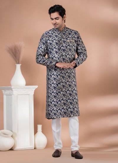 Blue Jacquard Silk Embroidered Indo Western