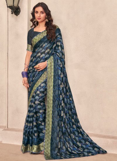 Blue Printed Party Classic Saree