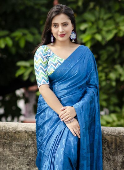 Blue Printed Silk Blend Trendy Saree