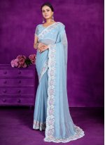 Blue Shimmer Embroidered Trendy Saree