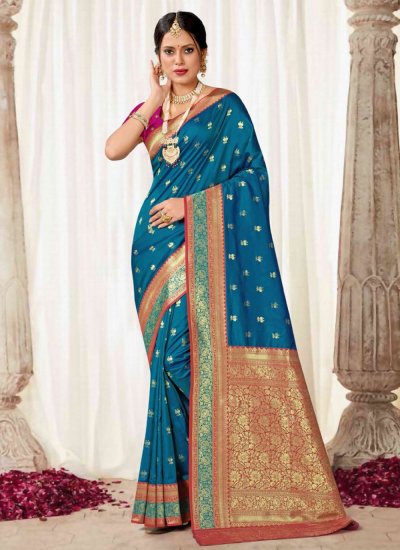Blue Silk Woven Contemporary Saree