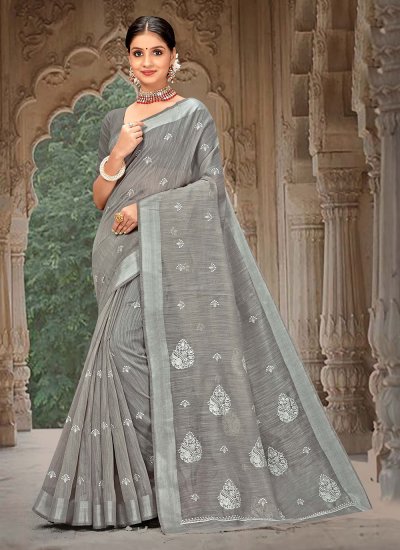 Brilliant Embroidered Linen Grey Trendy Saree