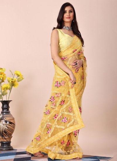 Brilliant Embroidered Yellow Net Trendy Saree