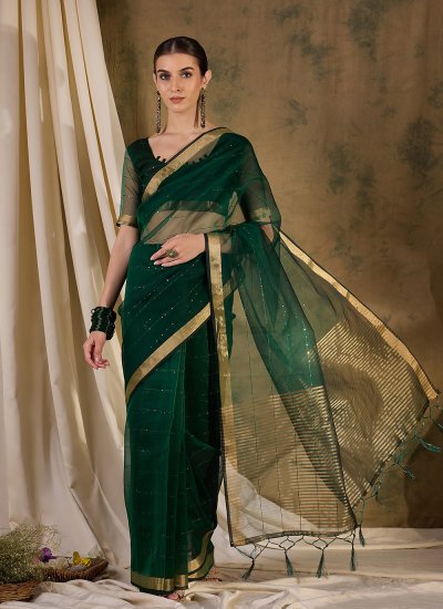 Brilliant Green Organza Casual Saree