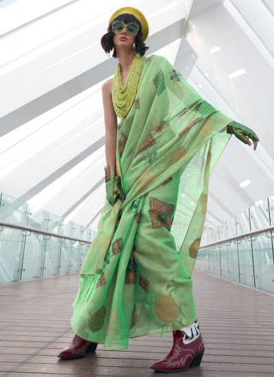 Brilliant Printed Tissue Green Classic Saree