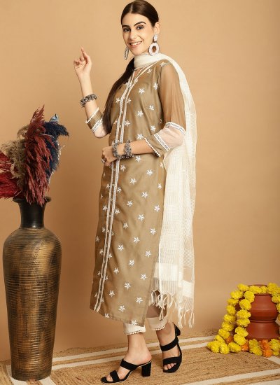 Brown Embroidered Ceremonial Readymade Salwar Suit