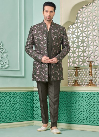 Brown Embroidered Engagement Indo Western