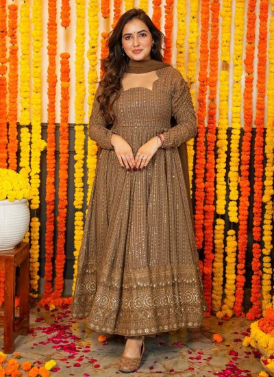 Brown Faux Georgette Reception Trendy Gown