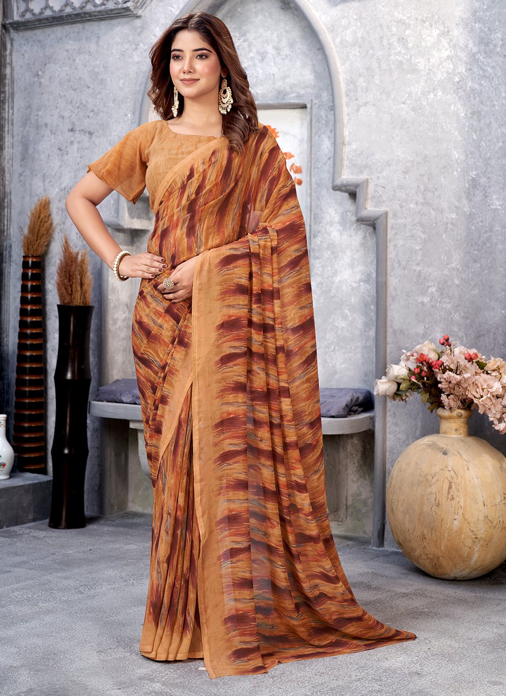 PR - Plain brown 60GM Georgette silk ruffle saree