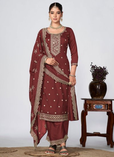 Brown Vichitra Silk Embroidered Trendy Salwar Kameez