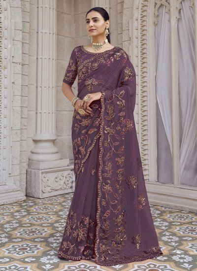 Captivating Embroidered Net Purple Trendy Saree