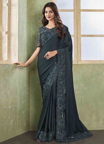 Catchy Embroidered Silk Grey Classic Saree