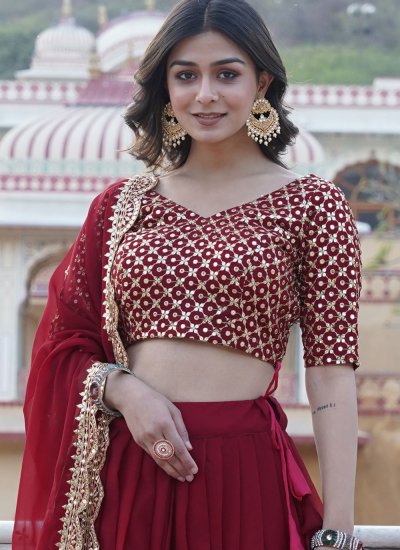 Catchy Faux Georgette Embroidered Maroon Trendy Lehenga Choli