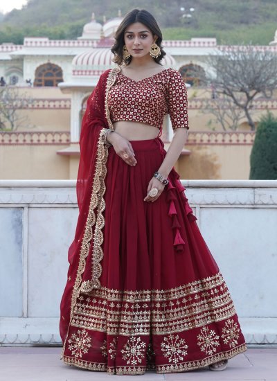 Catchy Faux Georgette Embroidered Maroon Trendy Lehenga Choli
