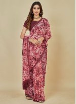 Catchy Floral Print Georgette Red Classic Saree