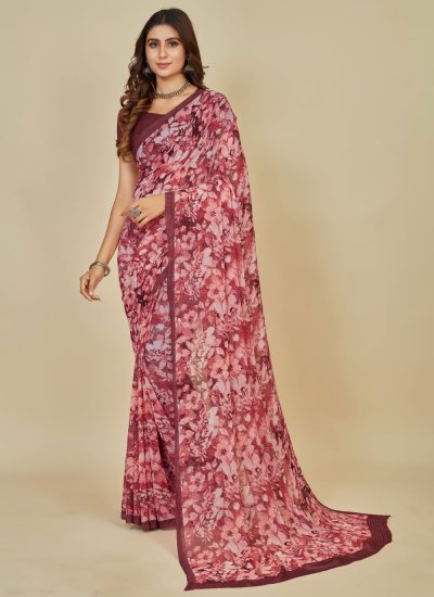 Catchy Floral Print Georgette Red Classic Saree