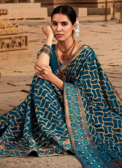 Catchy Teal Embroidered Classic Saree