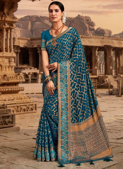 Catchy Teal Embroidered Classic Saree