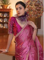 Celestial Satin Embroidered Rani Contemporary Style Saree