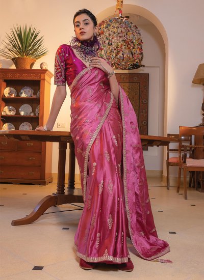 Celestial Satin Embroidered Rani Contemporary Style Saree