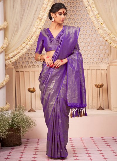 Celestial Woven Kanjivaram Silk Purple Contemporary Style Saree