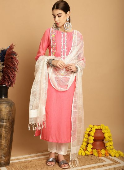 Chanderi Pant Style Suit in Pink