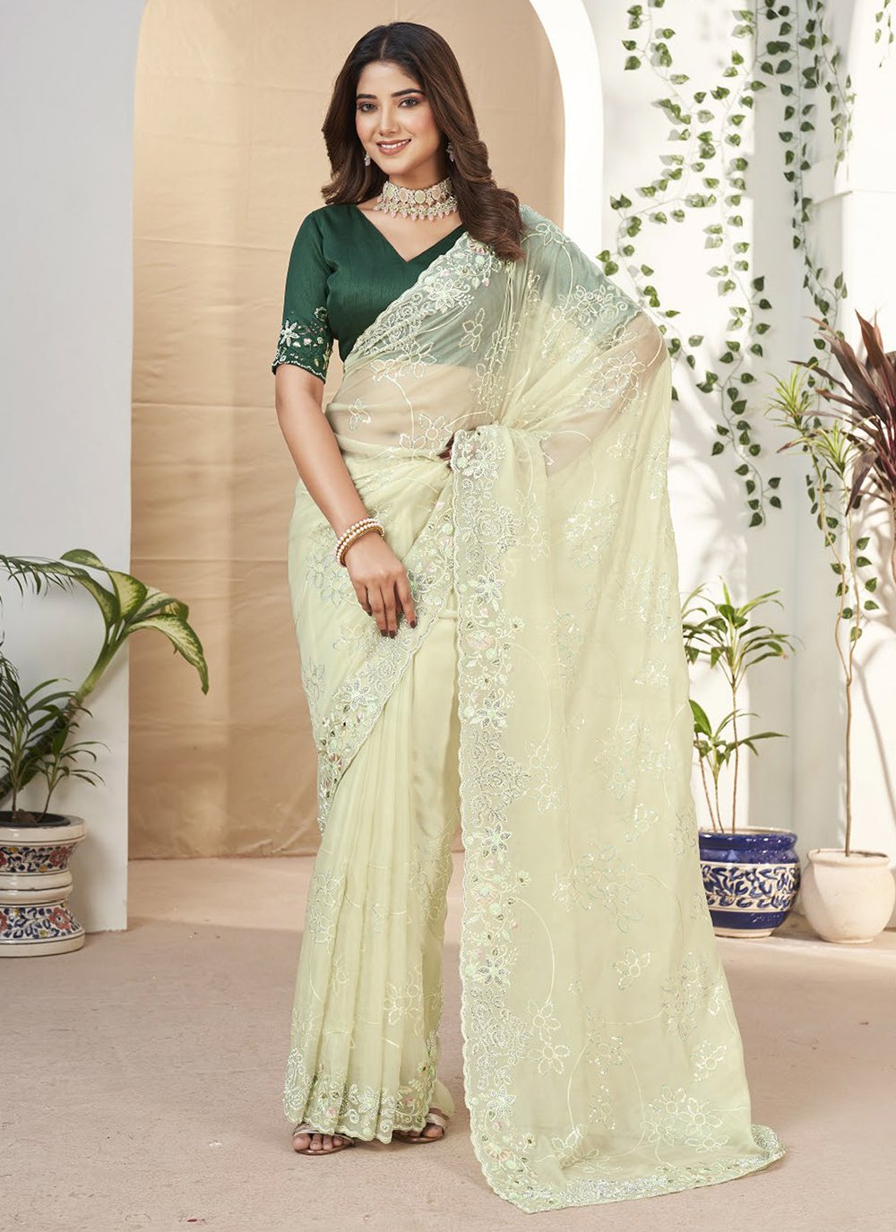 Buy Stunning Beige Zari Weaving Organza Saree With Blouse - Zeel Clothing