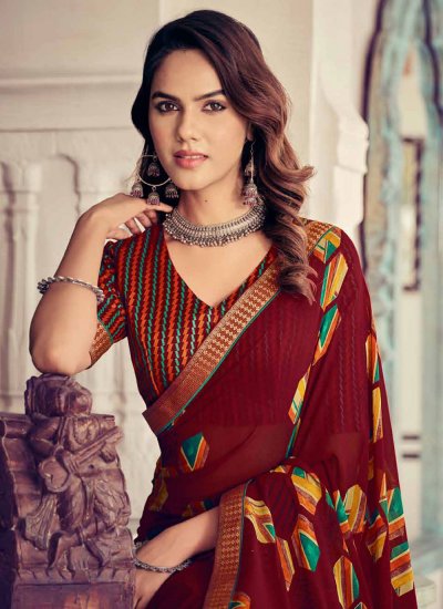 Charming Georgette Maroon Printed Contemporary Saree