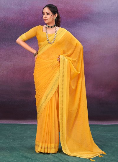 Classic Yellow Semi Sheer Linen Silk Saree With Heavy Meenakari Zari Border. popular